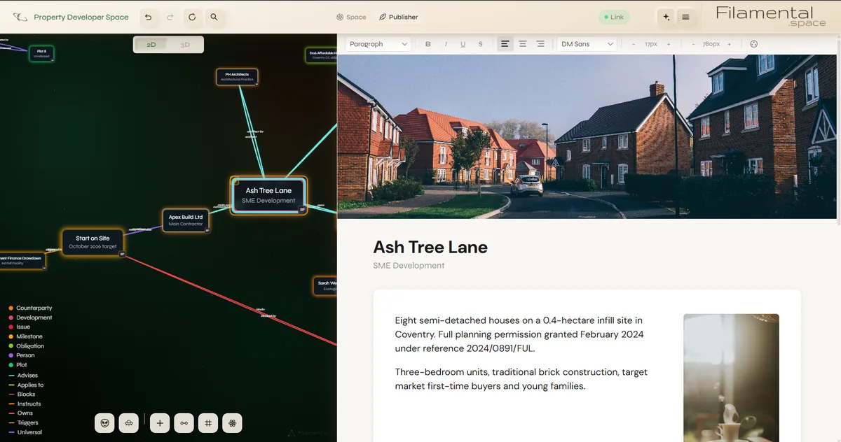 Publisher, on the same space. The graph stays on the left with Ash Tree Lane joined to its main contractor, its architects, its ecologist and the Start on Site milestone; on the right the same development is a laid out document, with a photograph of a new-build street as its cover, the Ash Tree Lane heading and body copy giving eight semi-detached houses on a 0.4 hectare infill site under planning reference 2024/0891/FUL.